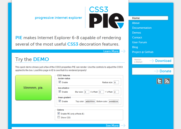 CSS3 PIE: CSS3 decorations for IE